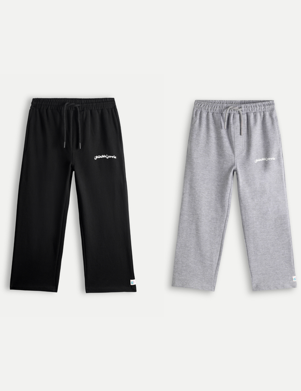 Kids Pack of 2 Solid Wide Leg Track Pants | Black & Grey Melange