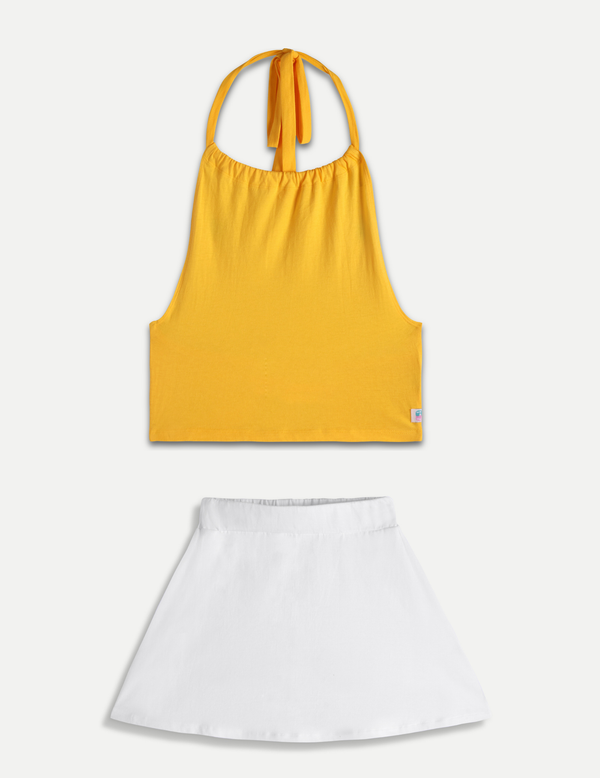 Girls Yellow Halter Neck Top & White Skirt Co-ord Set