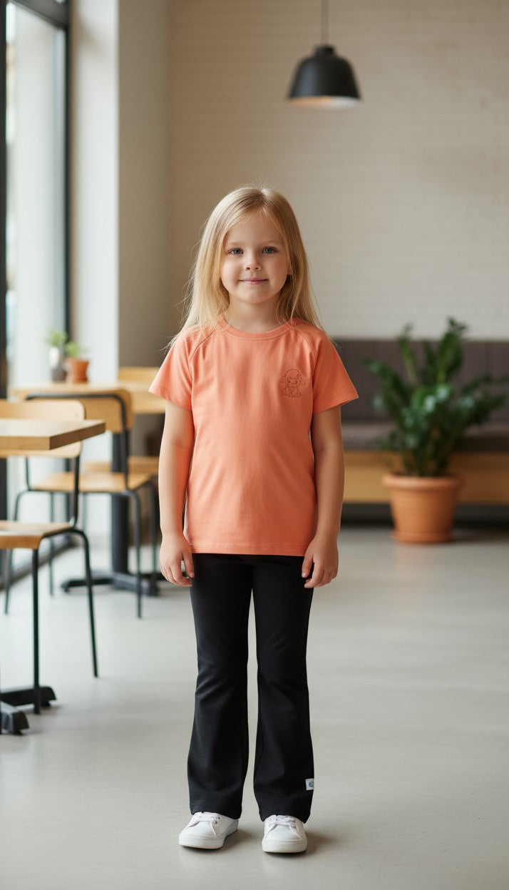 Girls Peach T-Shirt & Black Flared Pants Co-ord Set