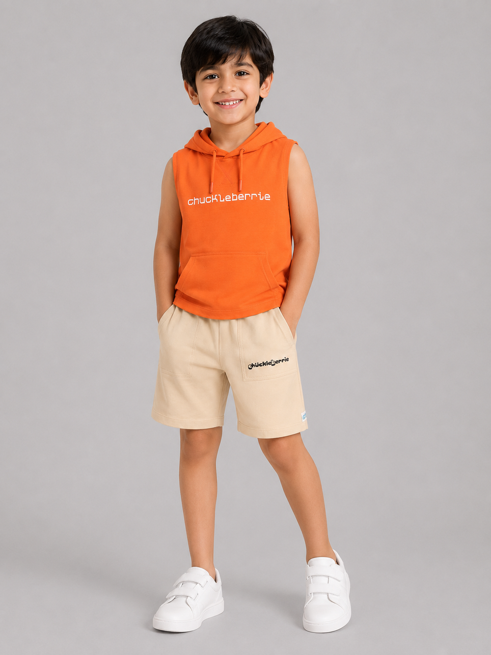 Boys Orange Sleeveless Hooded T-Shirt & Beige Shorts Co-ord Set