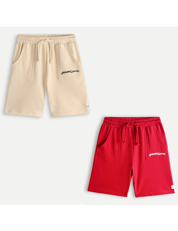 Kids Pack of 2 Solid Knit Shorts | Cream & Red Cotton Shorts