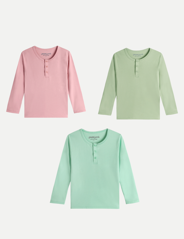 Boys Pack of 3 Solid Full Sleeve Henley T-Shirts | Pink & Mint Green